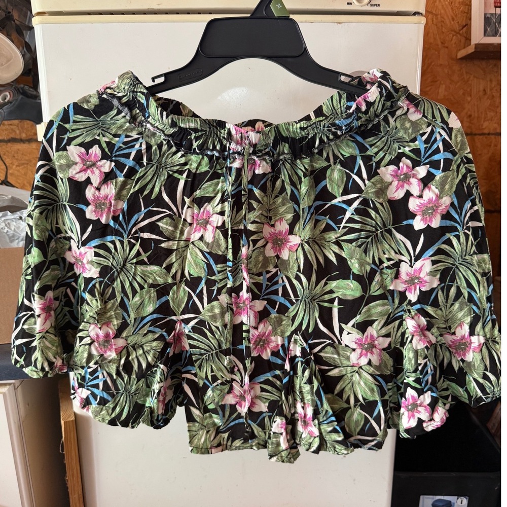 Tropical Floral Ruffle Skort Black Pink Green Palm Print Mini Skirt Shorts M